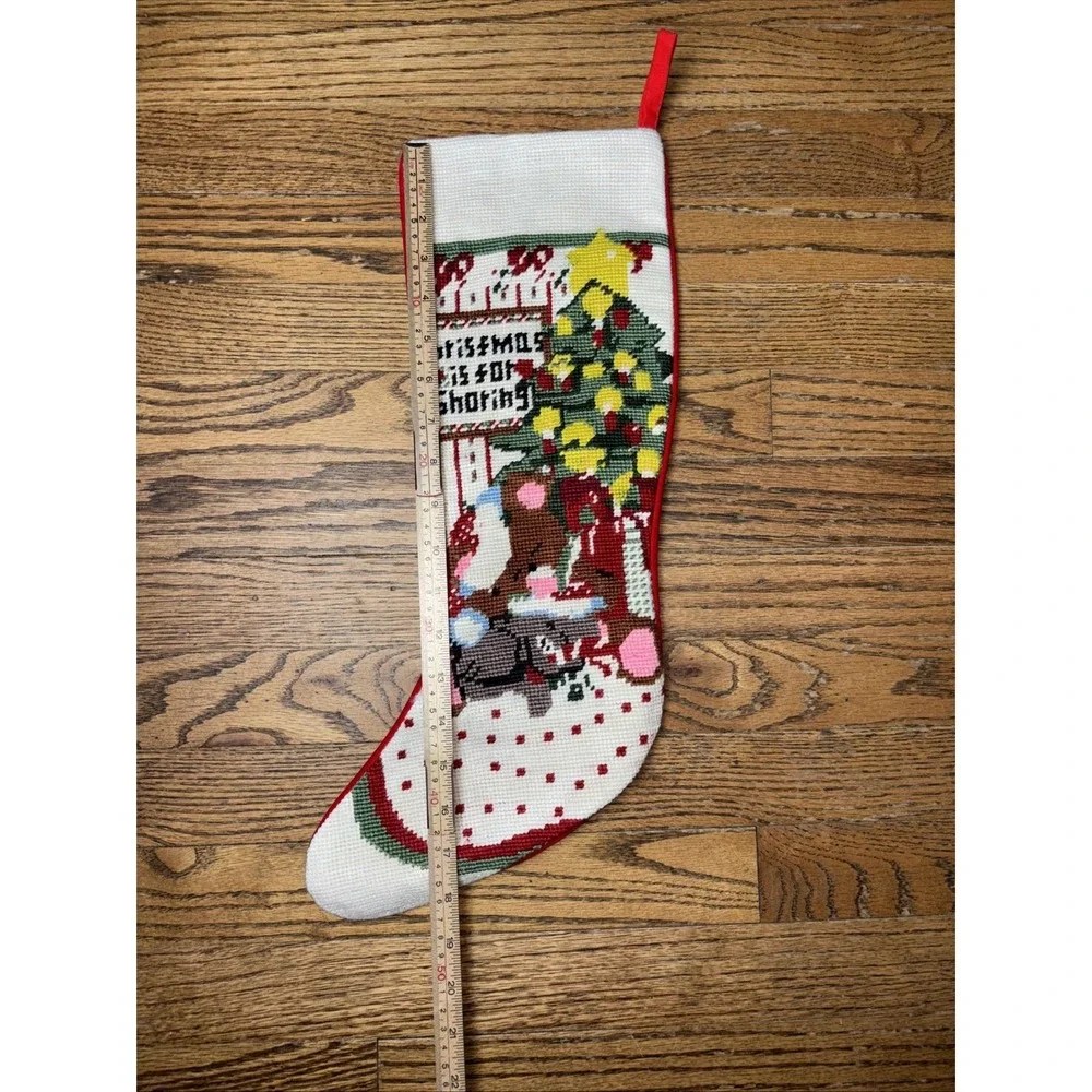 Vintage Needlepoint Christmas Stocking Sleeping Bear Red Velvet Left Hanging